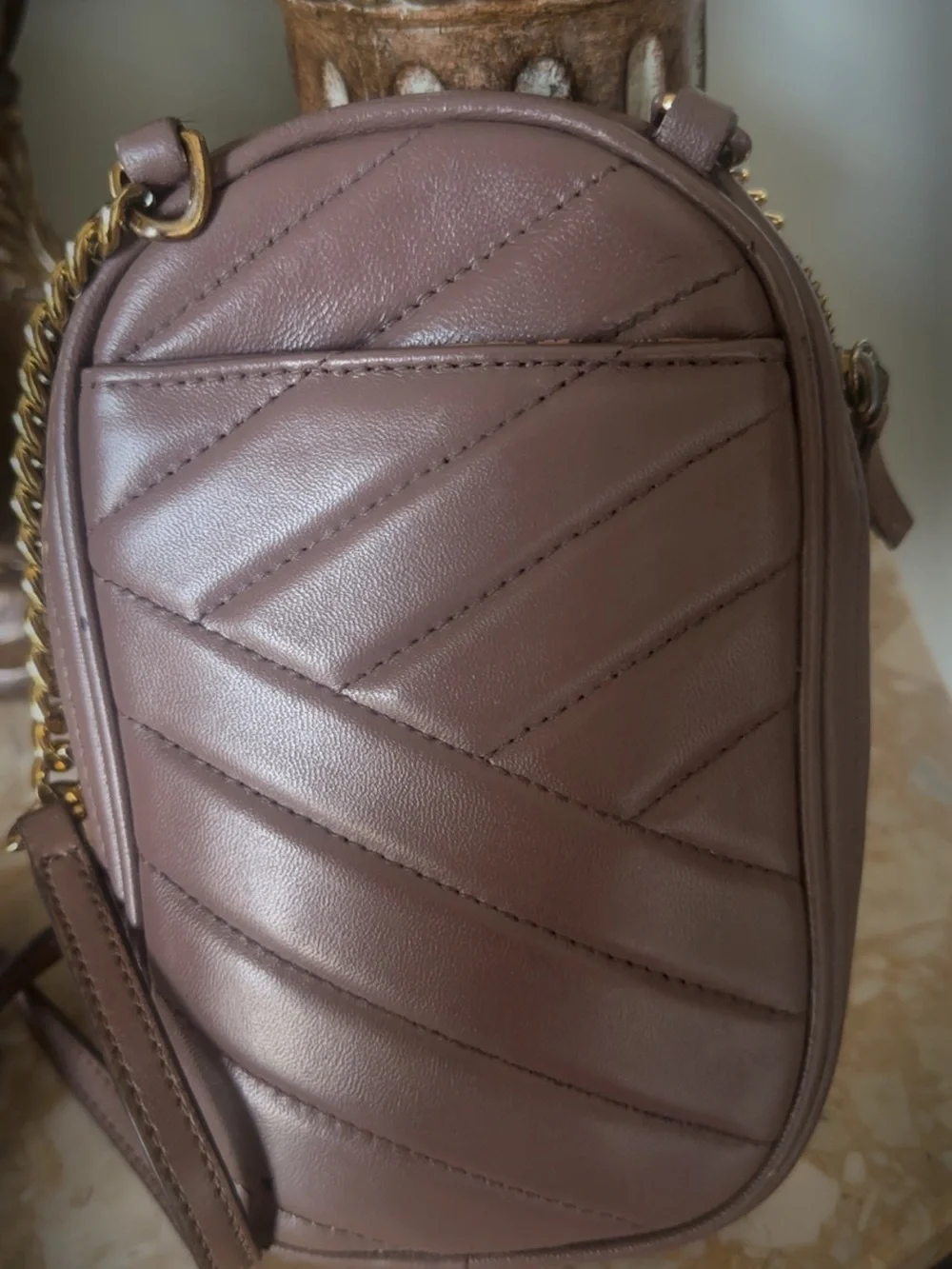 Tory Burch Taupe Quilted Leather Crossbody Phone Pouch with Gold Logo